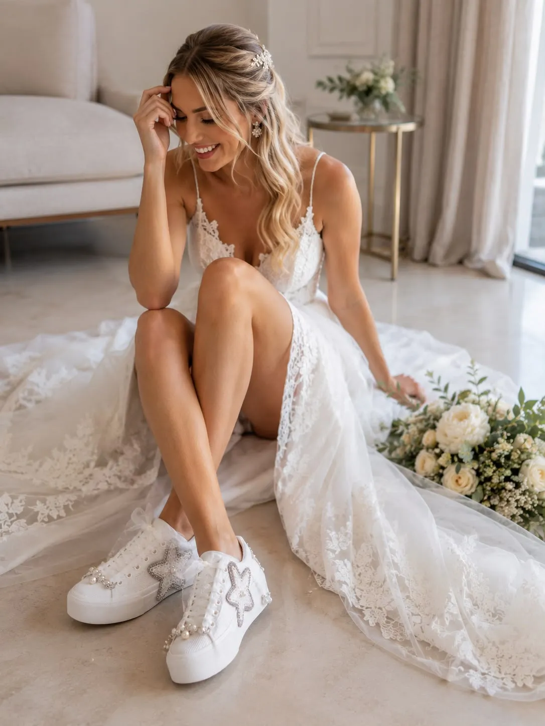 Novia sentada con tenis blancos personalizados